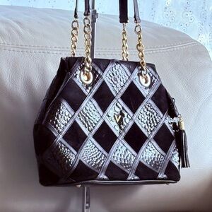 Visconti Black Leather Croco Embossed Quilted Shoulder Bag with Gold Chains